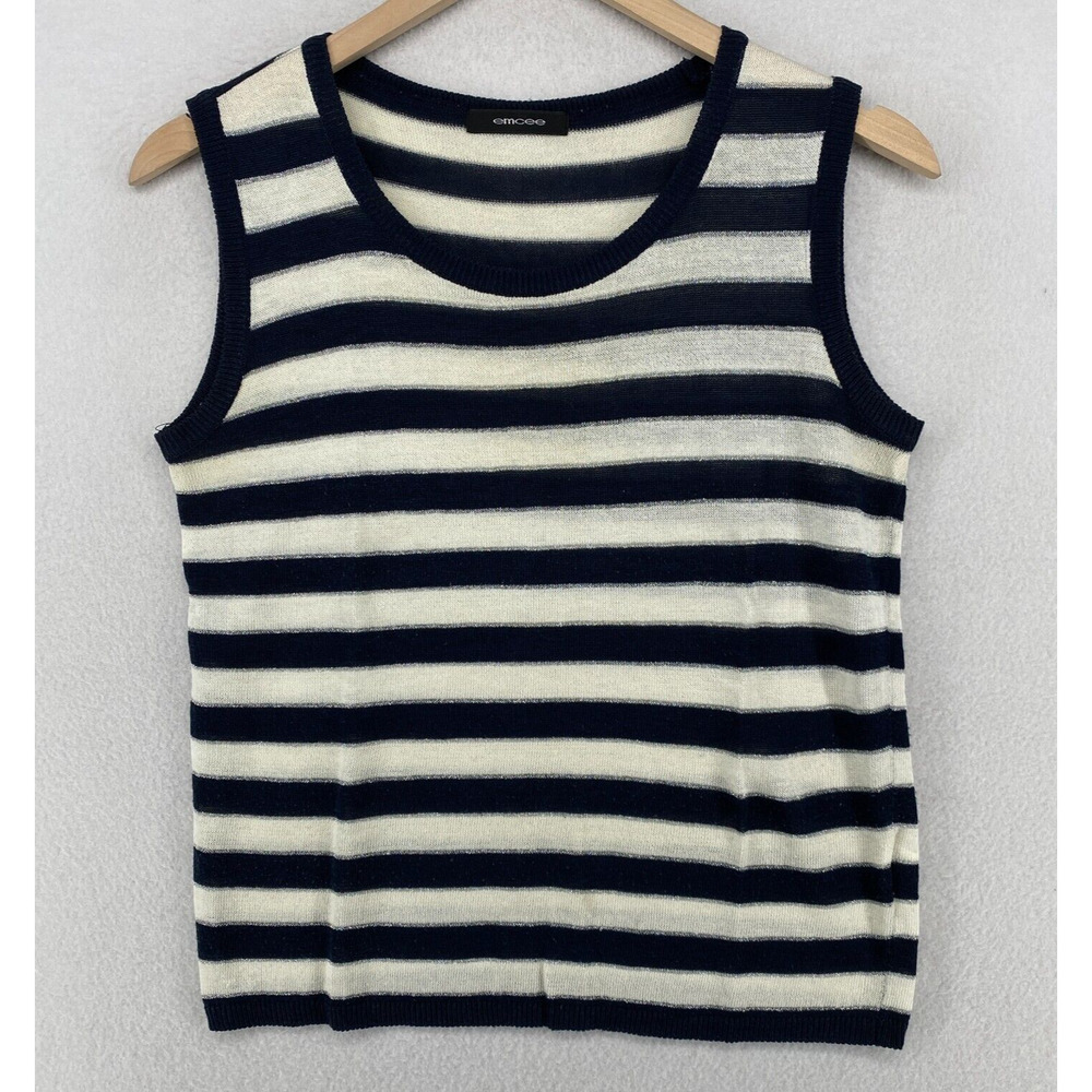 EMCEE Sweater M Striped Tank Top Scoop Neck Sleeveless Shell Blue White